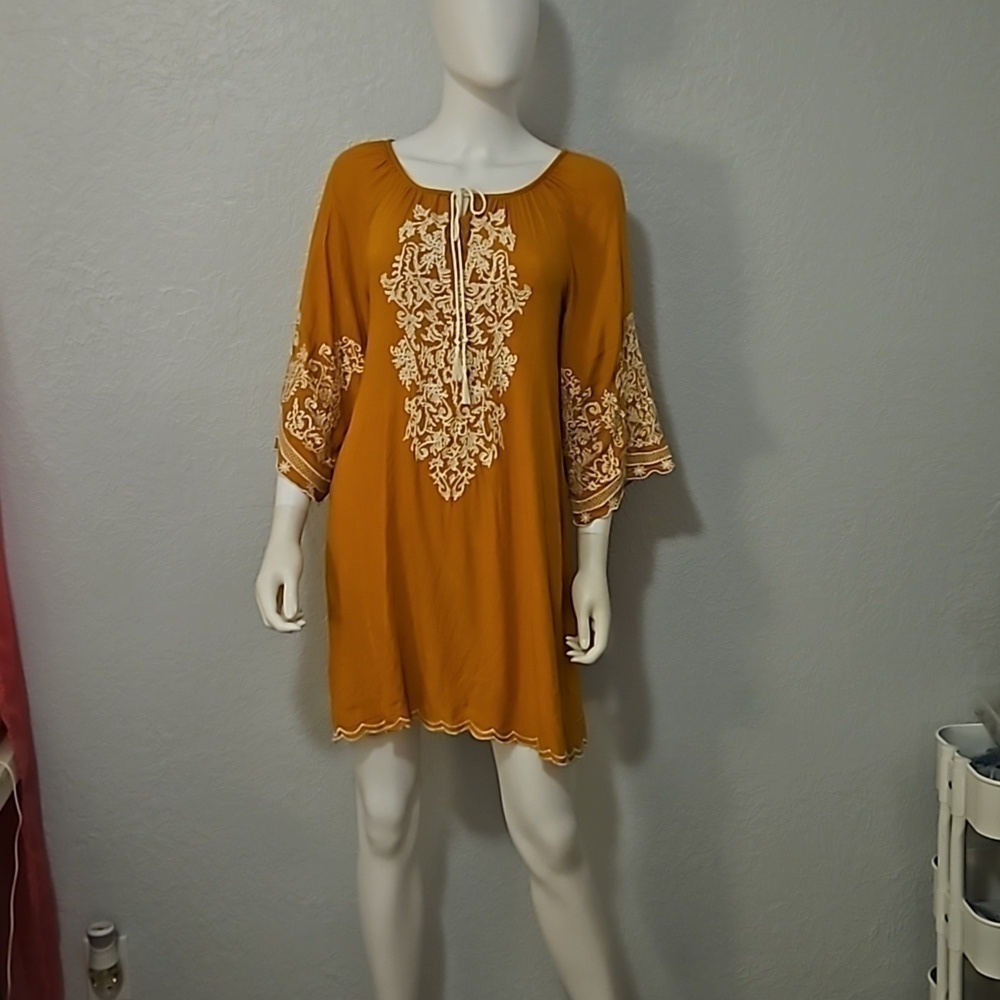 CHIC CONNECTION Mustard Yellow Floral Embroidered Boho Peasant Mini Dress - Picture 2 of 10